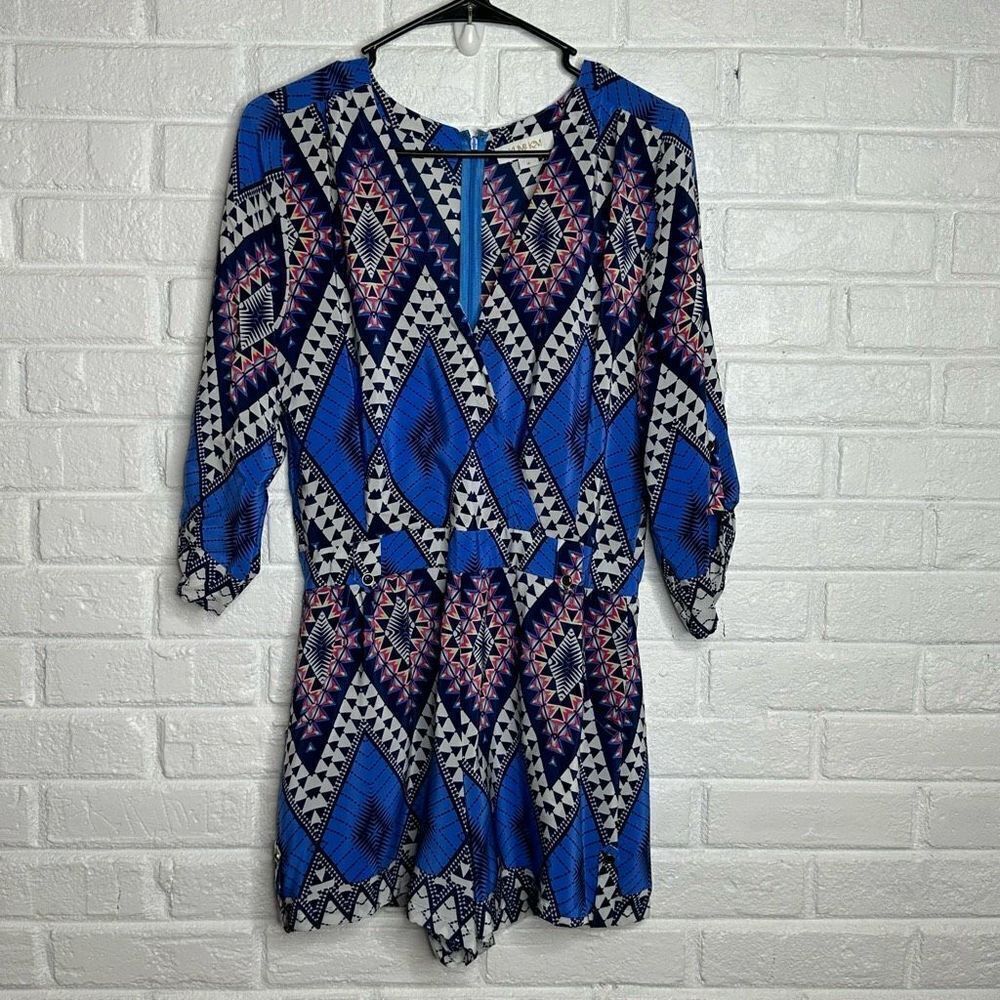 Yumi Kim Liz Silk Romper Blue Geometric size Medium
